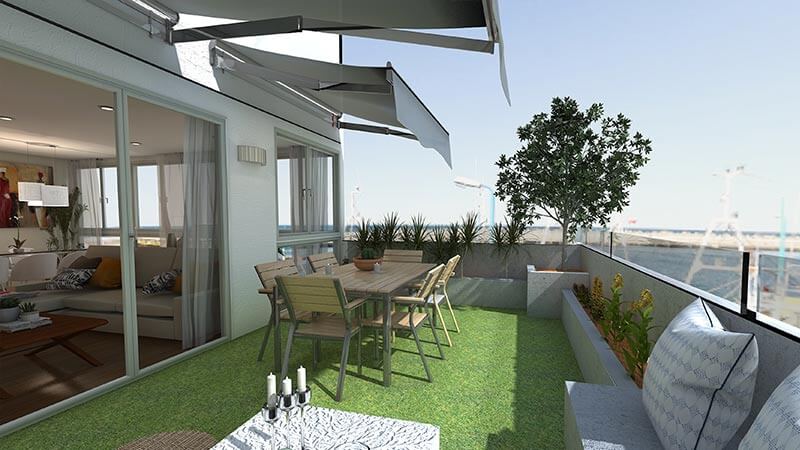Aménagement d'une terrasse sol en moquette verte et store
