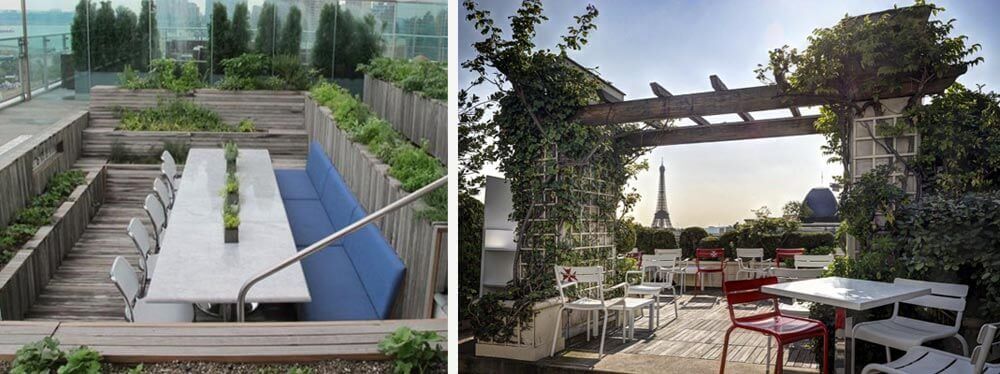 Aménagement de rooftop à Paris, bois et végétal