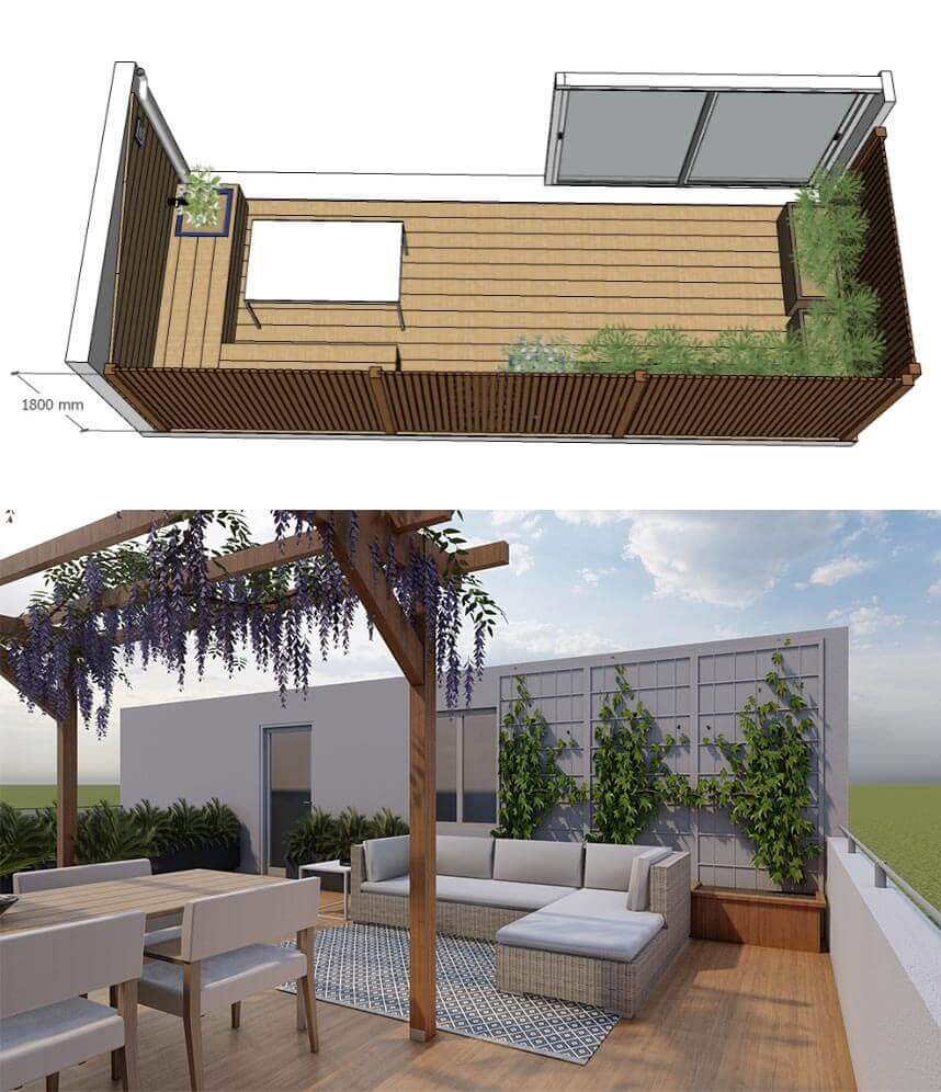 Aménagement de terrasse, projet et dessin 3D Paris