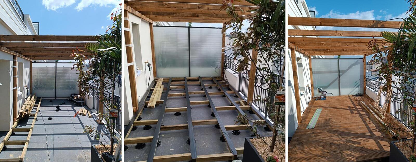 Démarrage chantier estrade bois Aménagement extérieur de deux terrasses en longueur à Levallois-Perret près de Paris