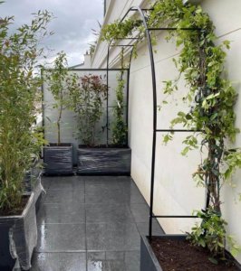 Arche métallique murale pour végétalisation et Aménagement extérieur de deux terrasses en longueur à Levallois-Perret près de Paris