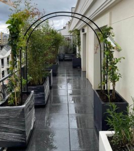 Arche métallique pour végétalisation et Aménagement extérieur de deux terrasses en longueur à Levallois-Perret près de Paris