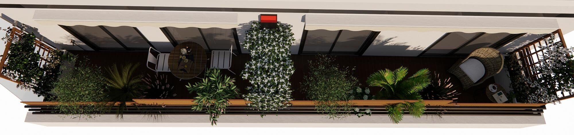 Aménagement d'un long balcon avec habillage bois à Paris 15e