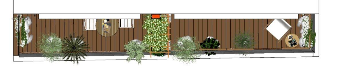 Rendu 2D vue dessus d'un Aménagement d'un long balcon avec habillage bois à Paris 15e