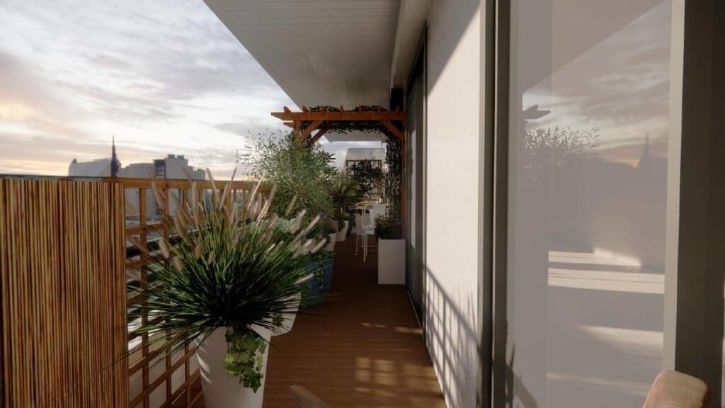 Rendu 3D Aménagement d'un long balcon avec habillage bois à Paris 15e