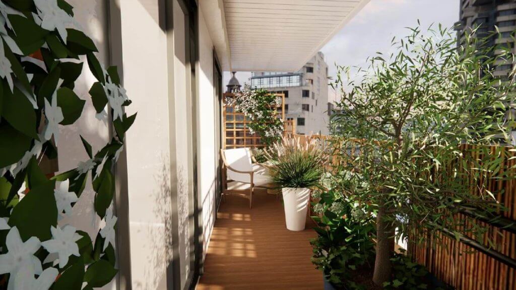 Rendu 3D Aménagement d'un long balcon avec habillage bois à Paris 15e