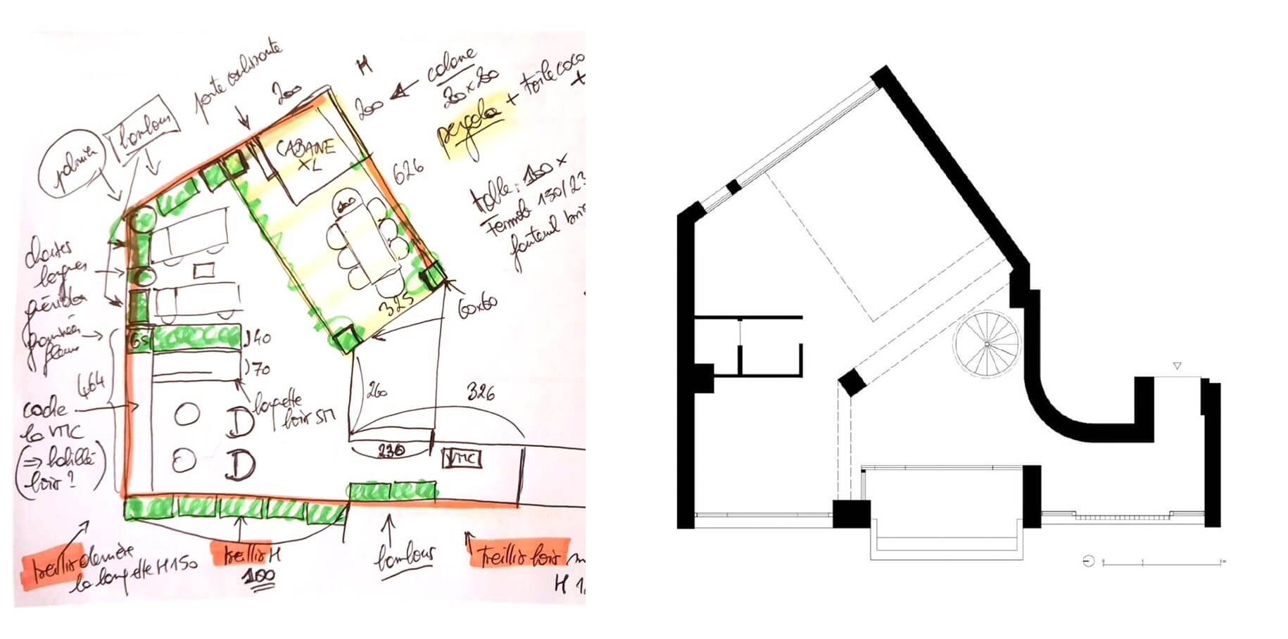 Croquis et plan d'Aménagement extérieur d'un grand rooftop à Montrouge