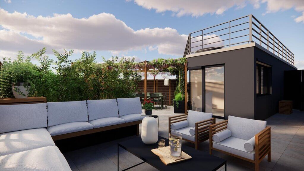 Aménagement extérieur d'un grand rooftop à Montrouge