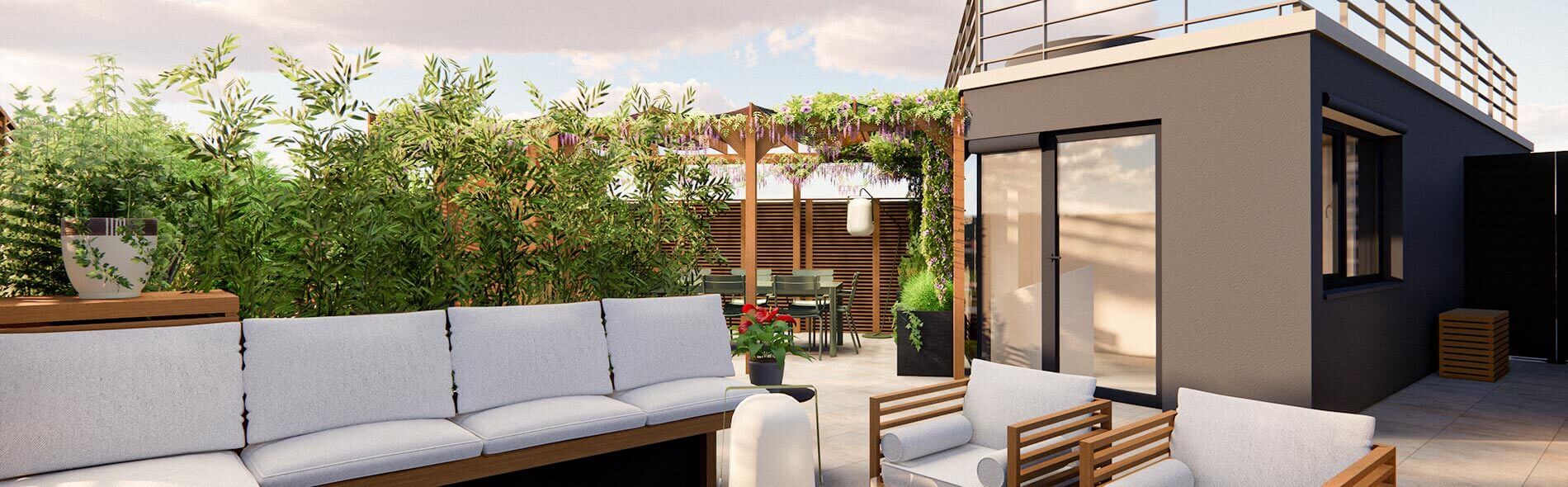 Aménagement extérieur d'un grand rooftop à Montrouge