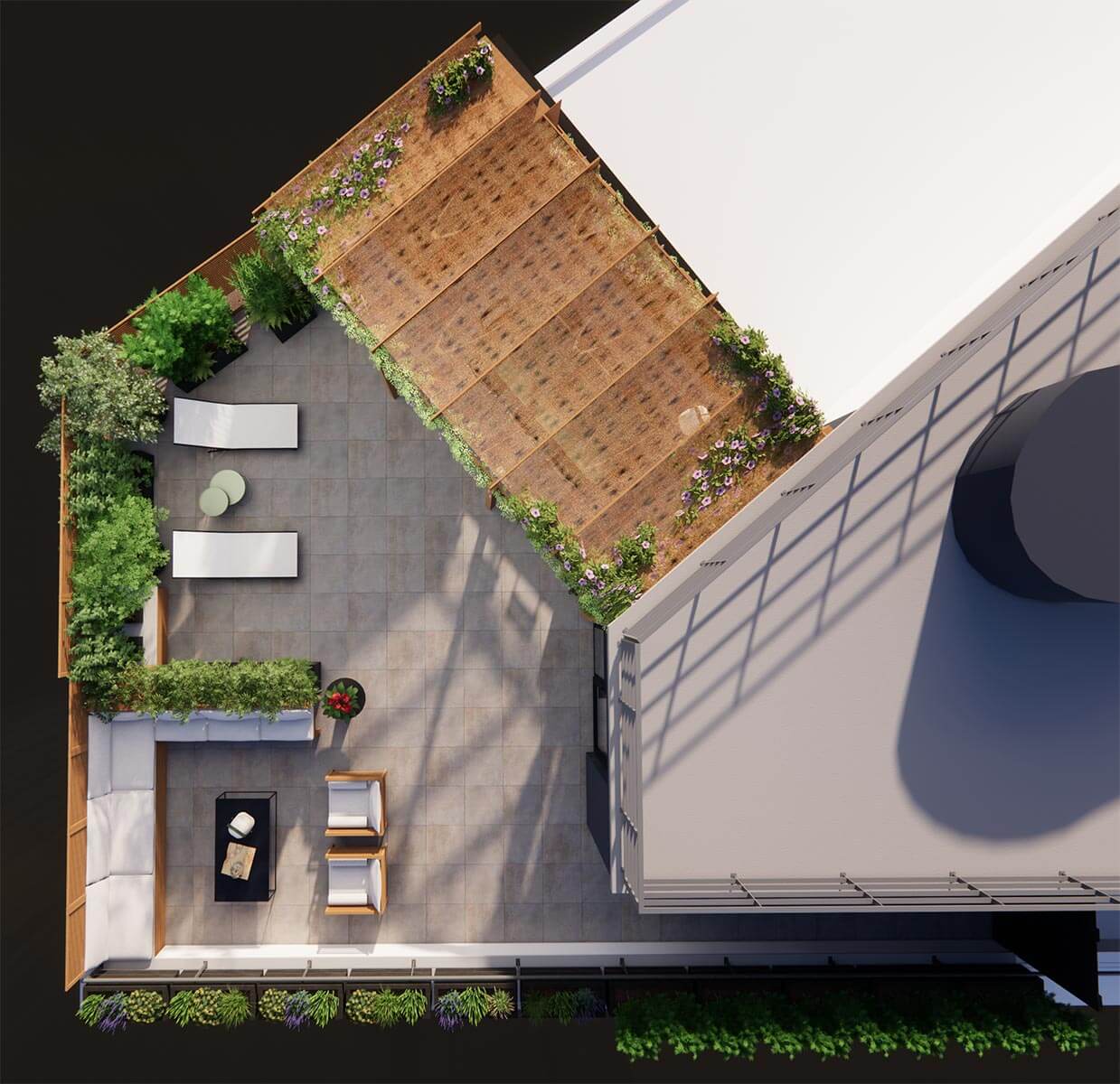 Vue 3D d'un Aménagement extérieur d'un grand rooftop à Montrouge