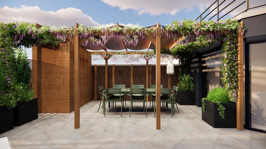 Vue 3D d'un Aménagement extérieur d'un grand rooftop à Montrouge